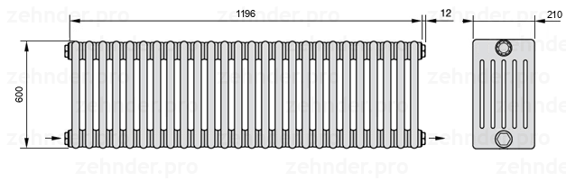 Схема (чертеж) Радиатор Zehnder Charleston 6060/26 №2670 Белый глянцевый RAL 9016